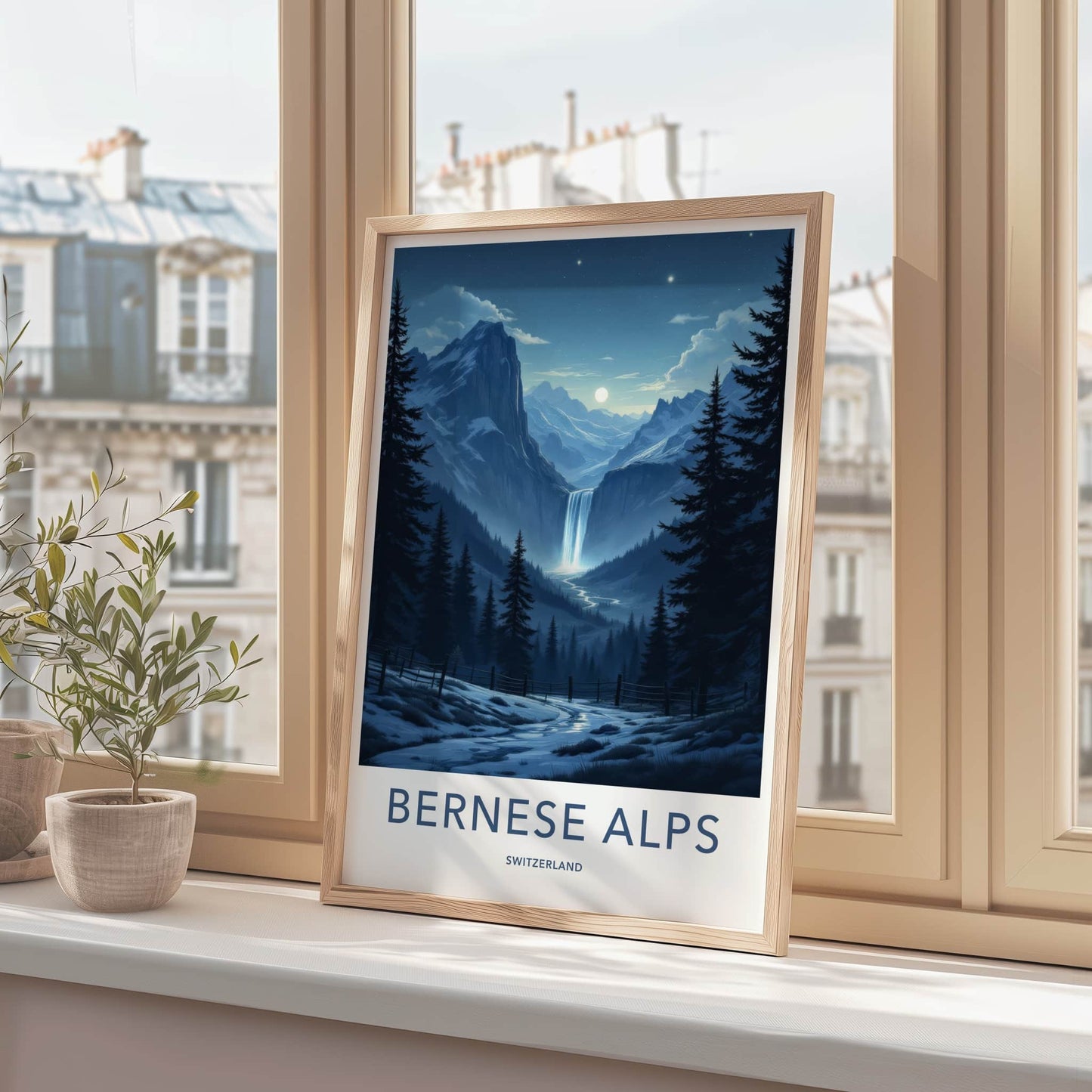 Bernese Alps Poster - Switzerland Travel Art - Moonlit Alpine Waterfall Wall Decor