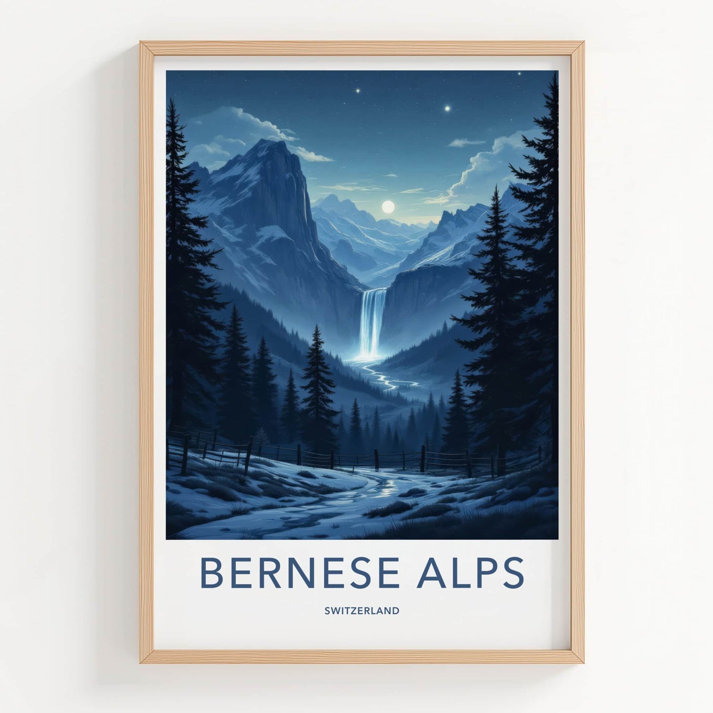 Bernese Alps Poster - Switzerland Travel Art - Moonlit Alpine Waterfall Wall Decor