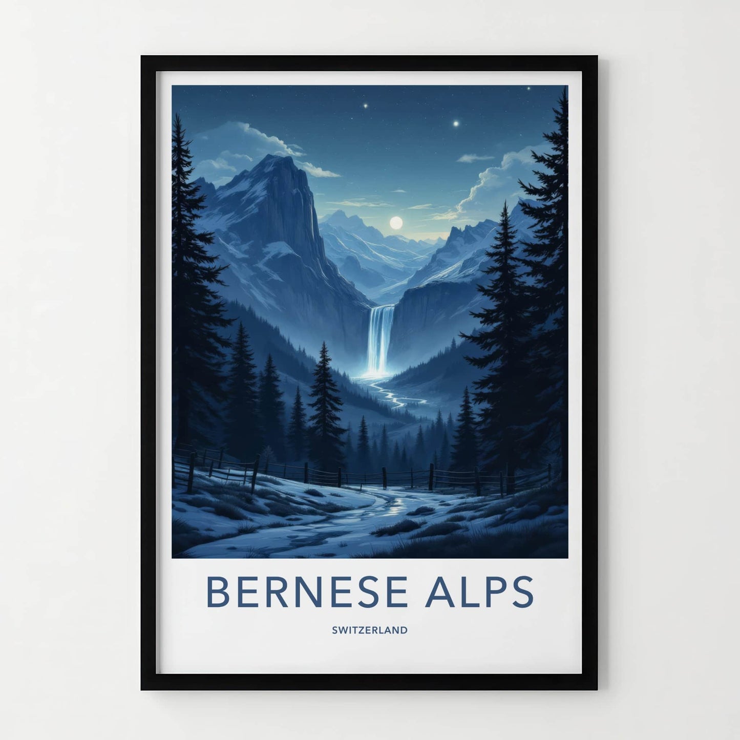 Bernese Alps Poster - Switzerland Travel Art - Moonlit Alpine Waterfall Wall Decor