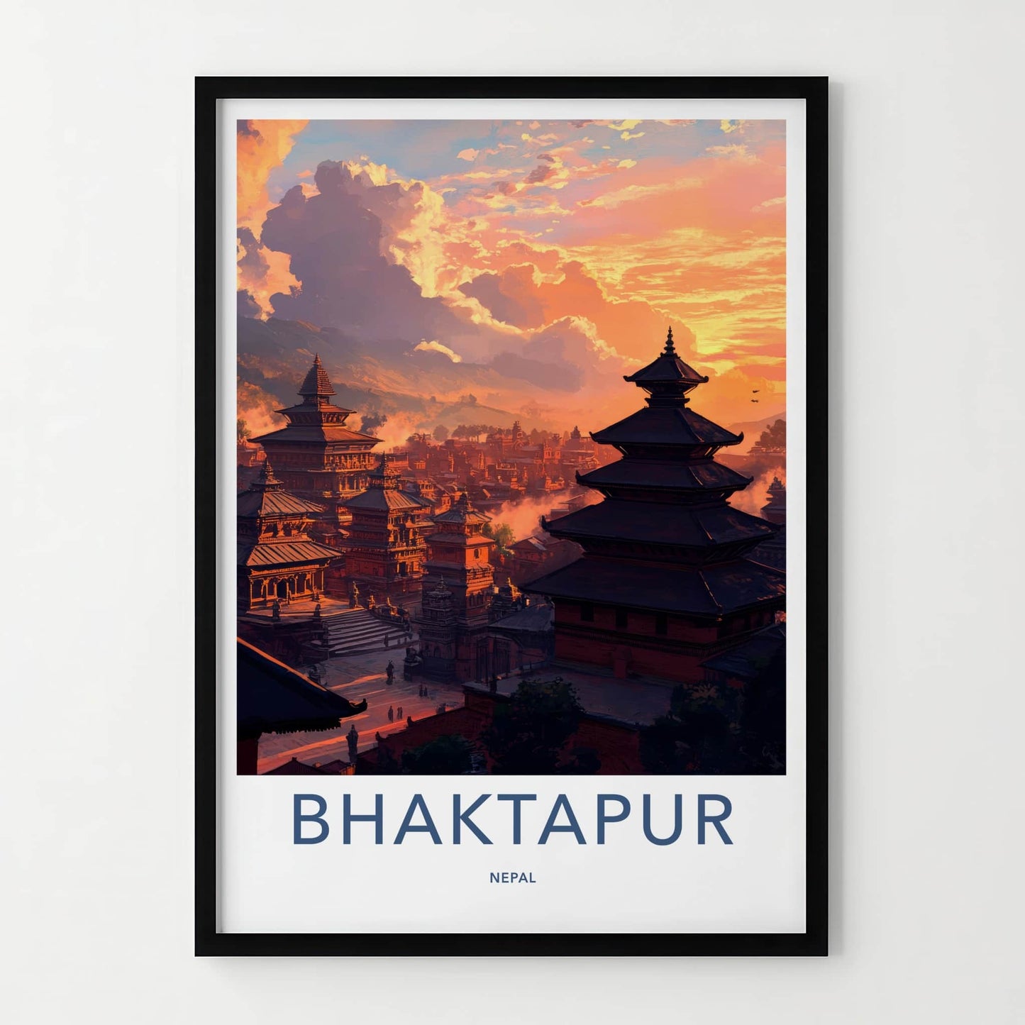Bhaktapur Poster - Nepal Travel Art - Ancient Temple Sunset Wall Decor