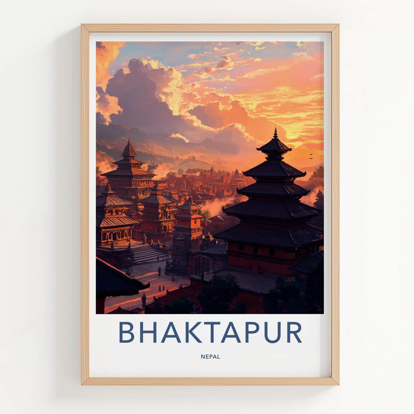 Bhaktapur Poster - Nepal Travel Art - Ancient Temple Sunset Wall Decor