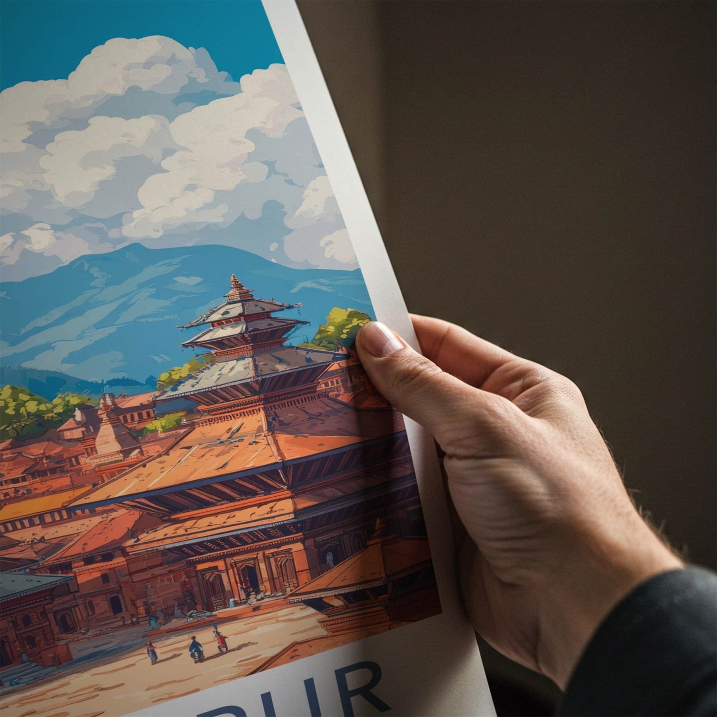 Bhaktapur Poster - Nepal Travel Art - Pagoda Temples Mountains Home Decor