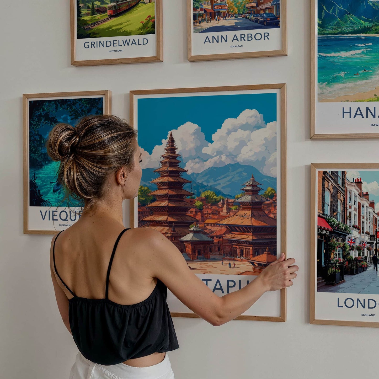 Bhaktapur Poster - Nepal Travel Art - Pagoda Temples Mountains Home Decor