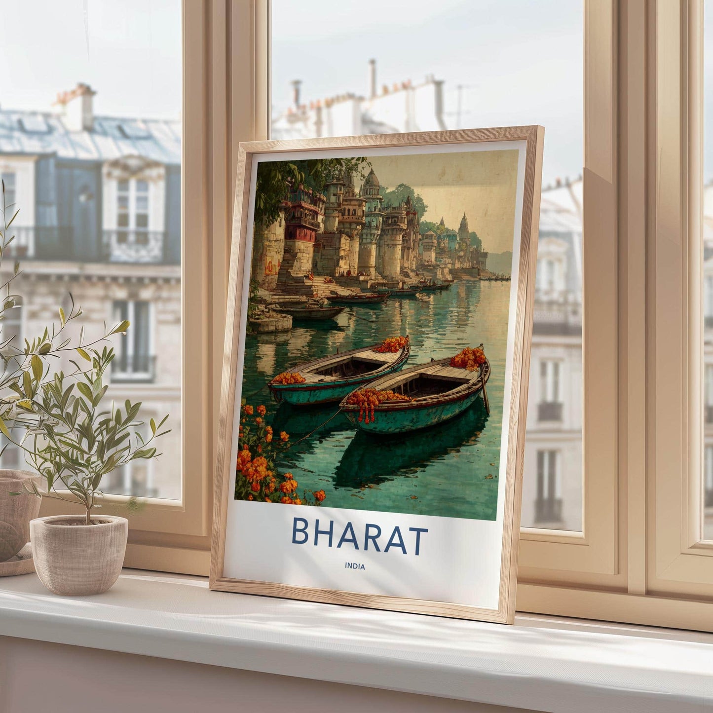 Bharat Poster - India Travel Art - Uttar Pradesh River Boats Home Decor