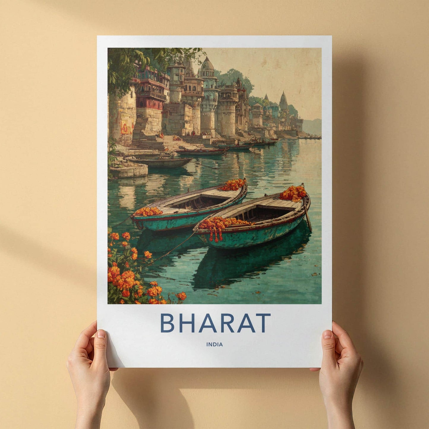 Bharat Poster - India Travel Art - Uttar Pradesh River Boats Home Decor