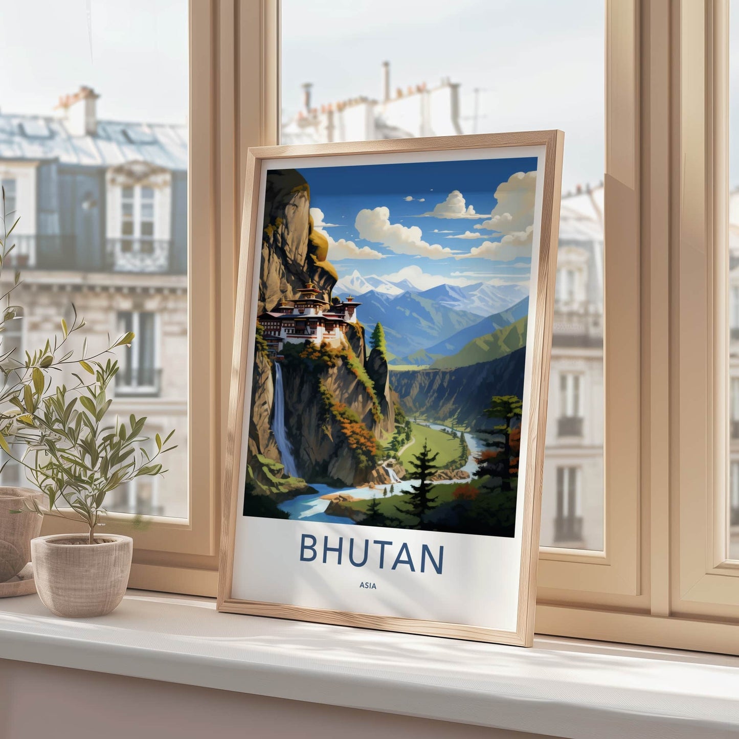 Bhutan Poster - Bhutan Travel Art - Cliffside Temple Waterfall Wall Decor