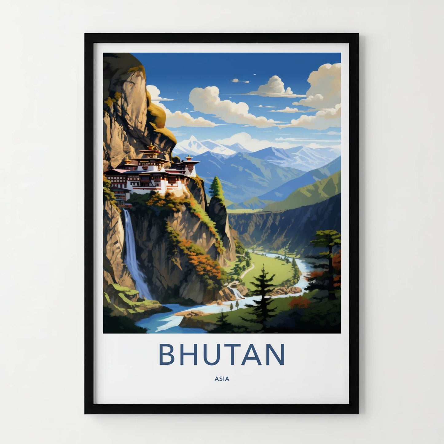 Bhutan Poster - Bhutan Travel Art - Cliffside Temple Waterfall Wall Decor