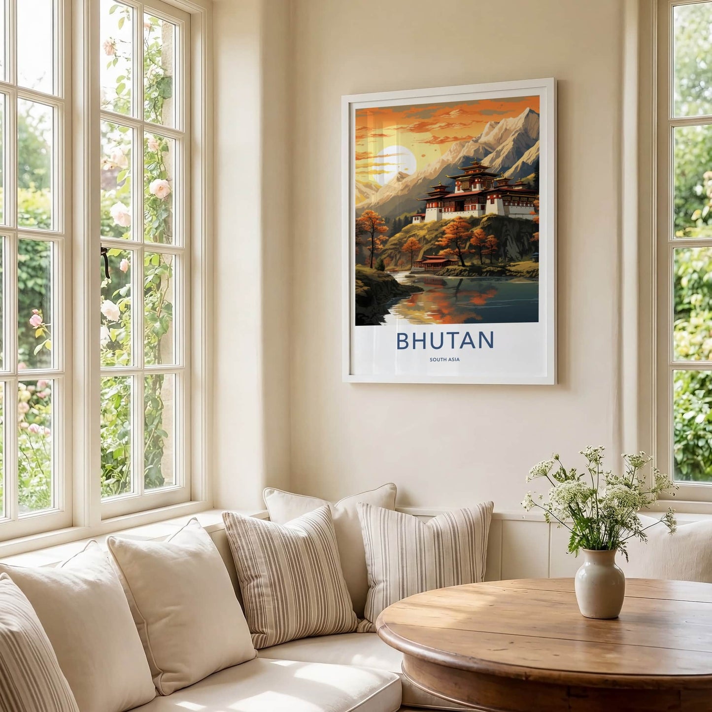 Bhutan Poster - Bhutan Travel Art - Dzong River Sunset Wall Decor