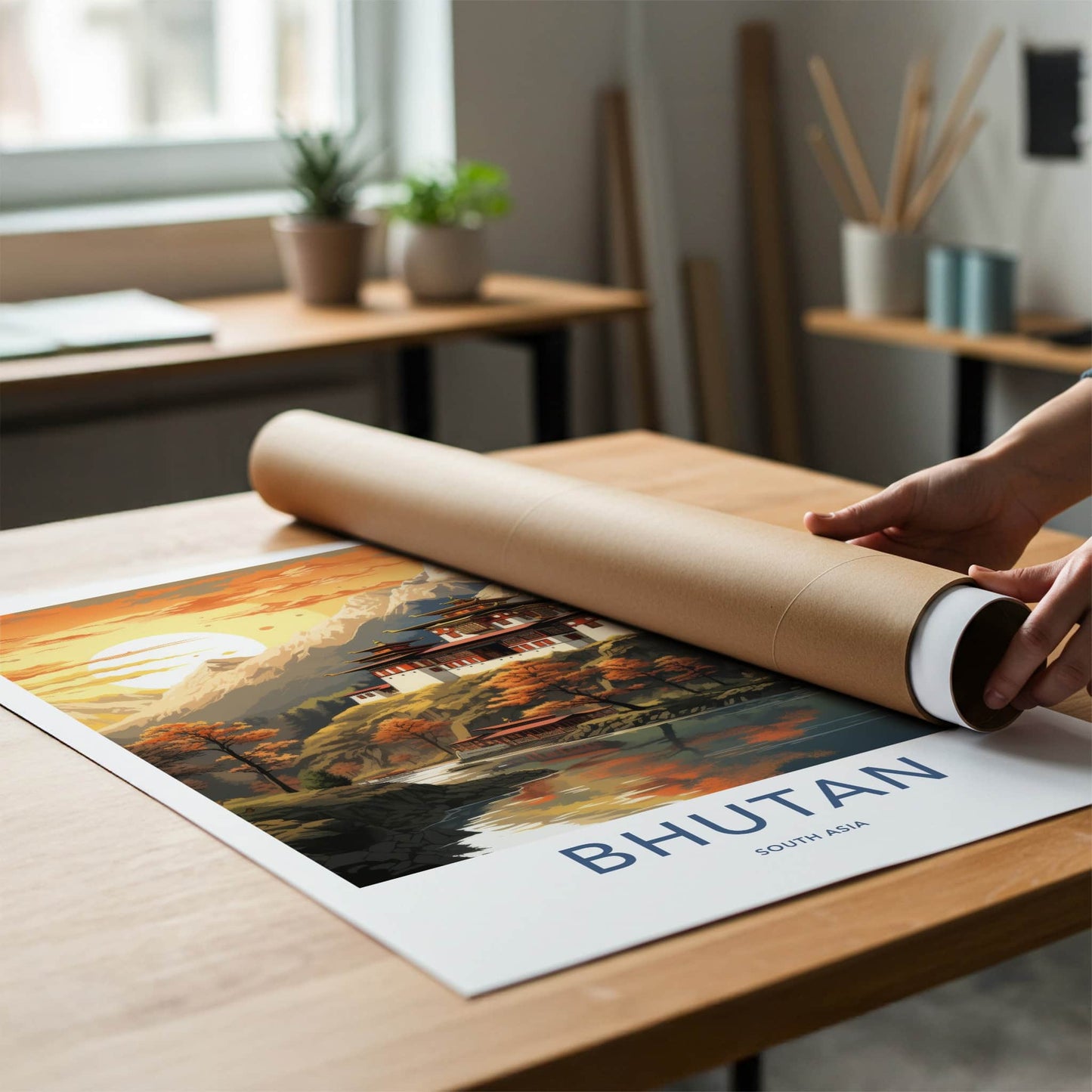 Bhutan Poster - Bhutan Travel Art - Dzong River Sunset Wall Decor