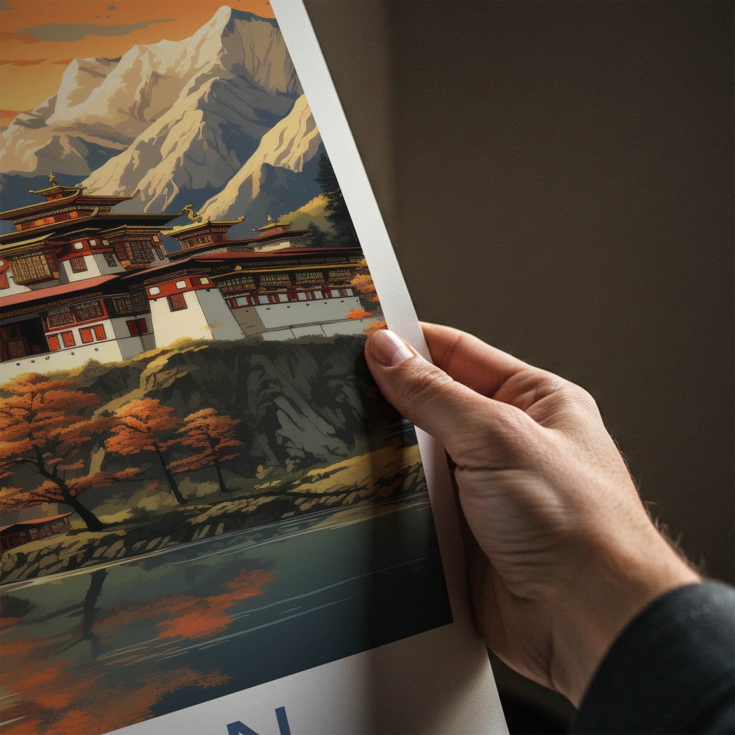 Bhutan Poster - Bhutan Travel Art - Dzong River Sunset Wall Decor