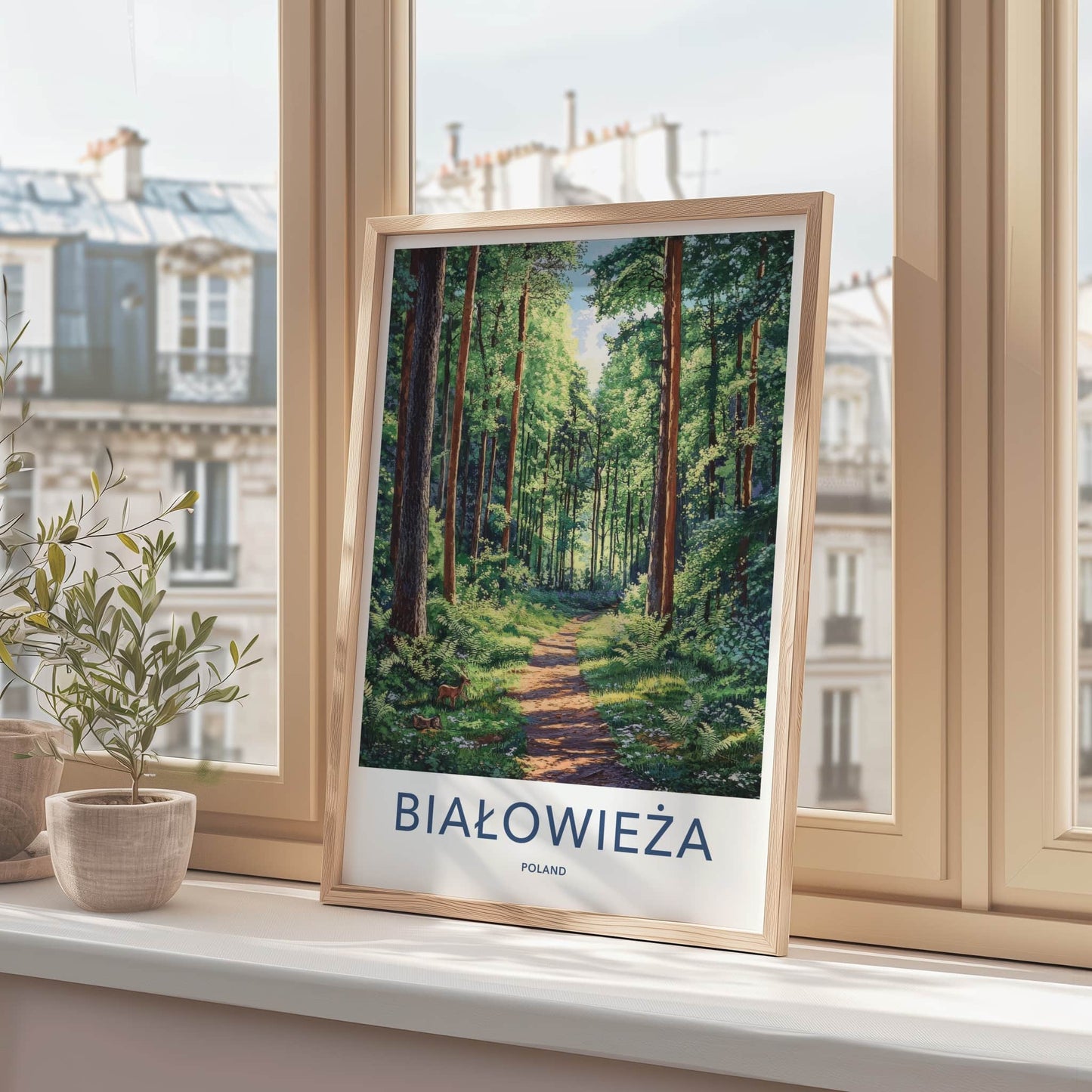 Bialowieza Poster - Poland Travel Art - Sunlit Forest Deer Home Decor