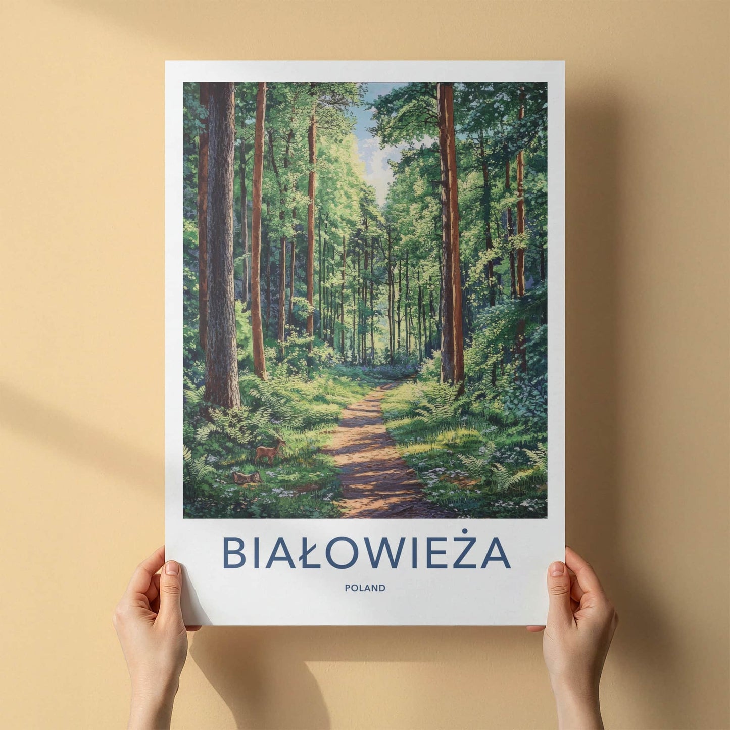 Bialowieza Poster - Poland Travel Art - Sunlit Forest Deer Home Decor