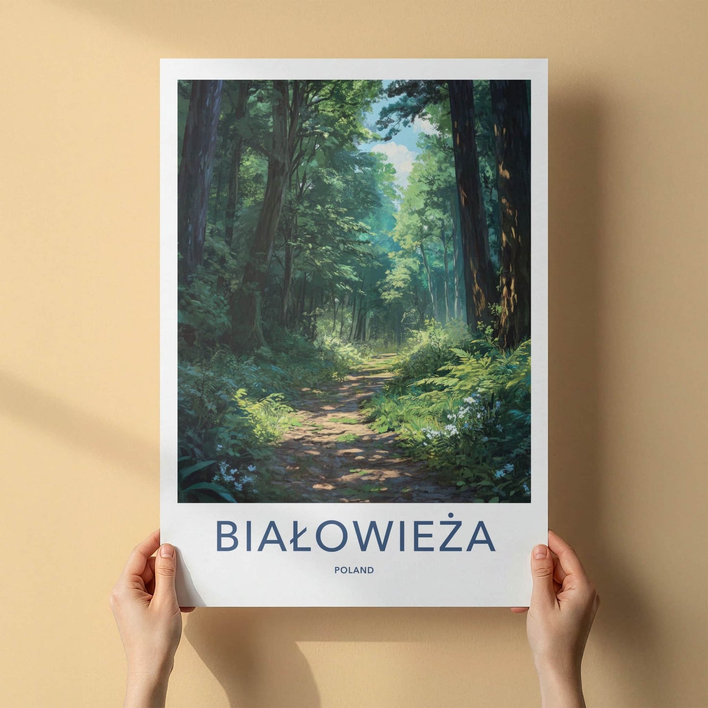 Bialowieza Poster - Poland Travel Art - Sunlit Forest Path Home Decor