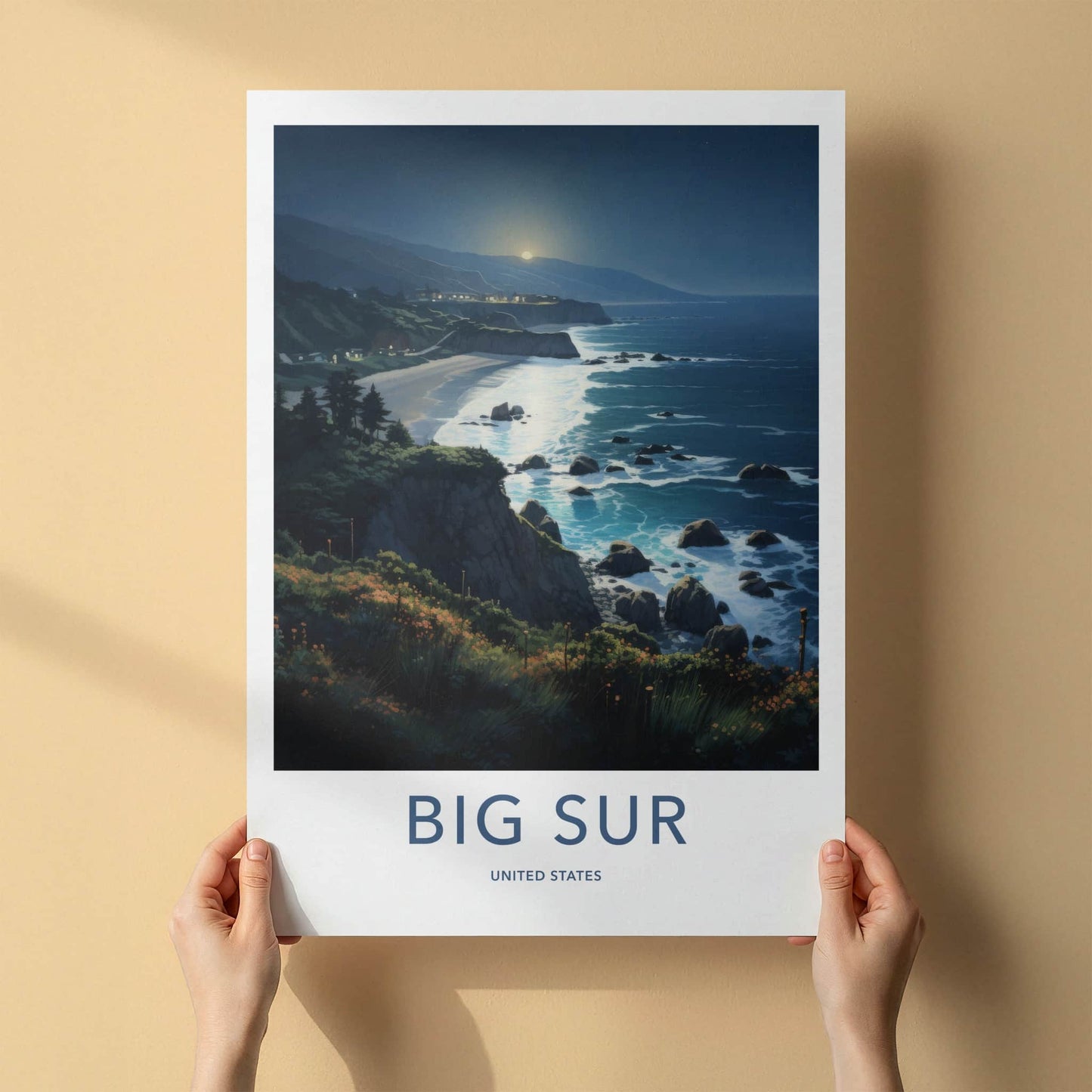 Big Sur Poster - California Travel Art - Moonlit Ocean Waves Wall Decor
