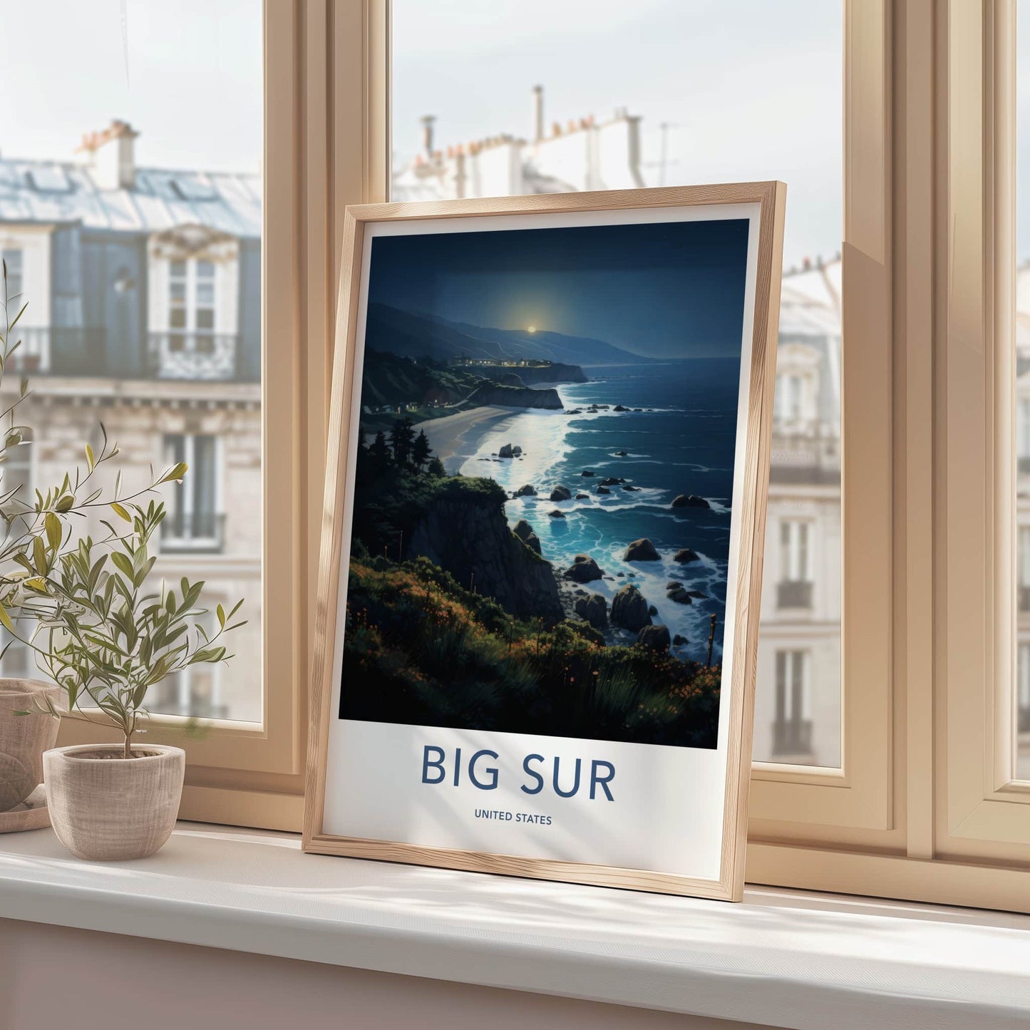 Big Sur Poster - California Travel Art - Moonlit Ocean Waves Wall Decor