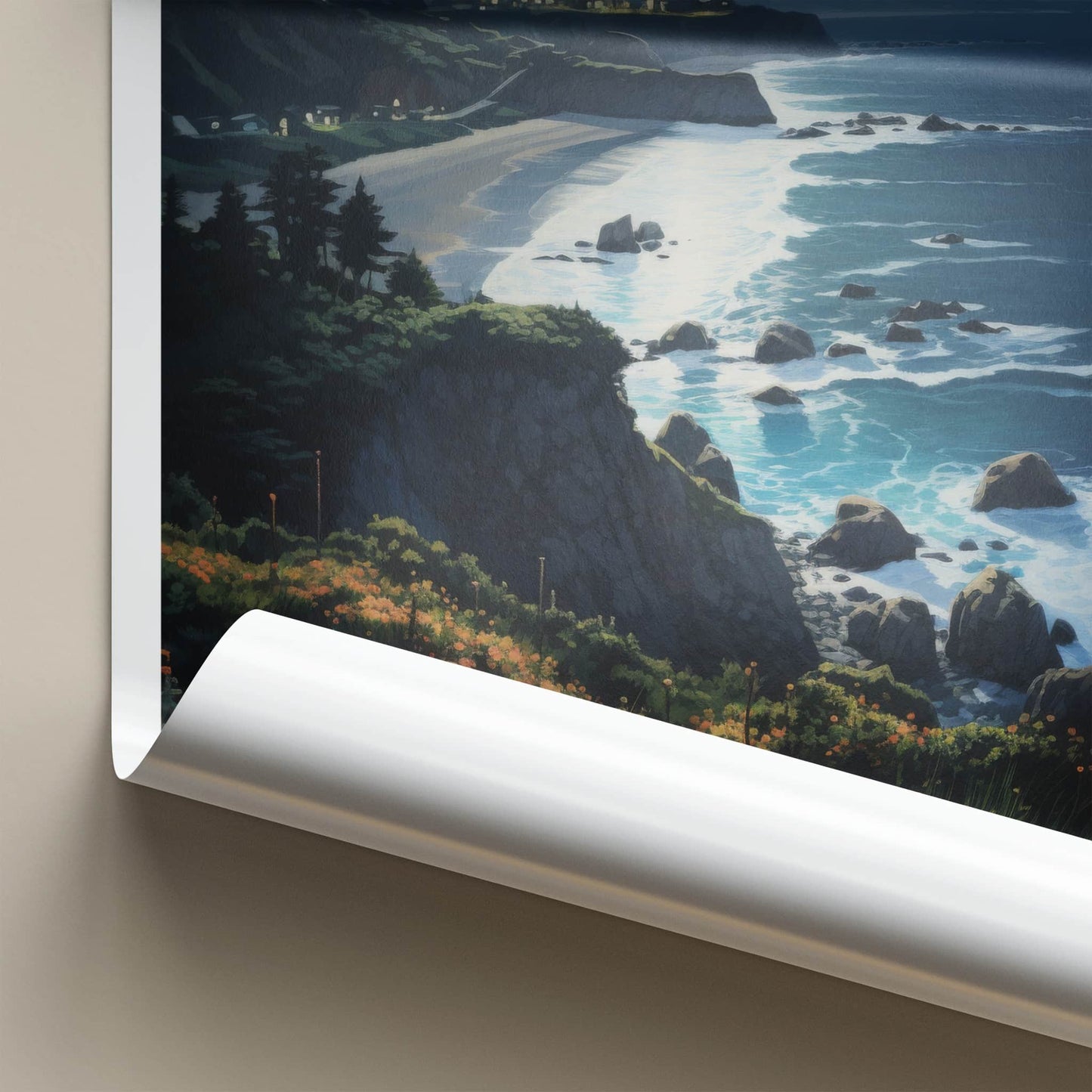 Big Sur Poster - California Travel Art - Moonlit Ocean Waves Wall Decor