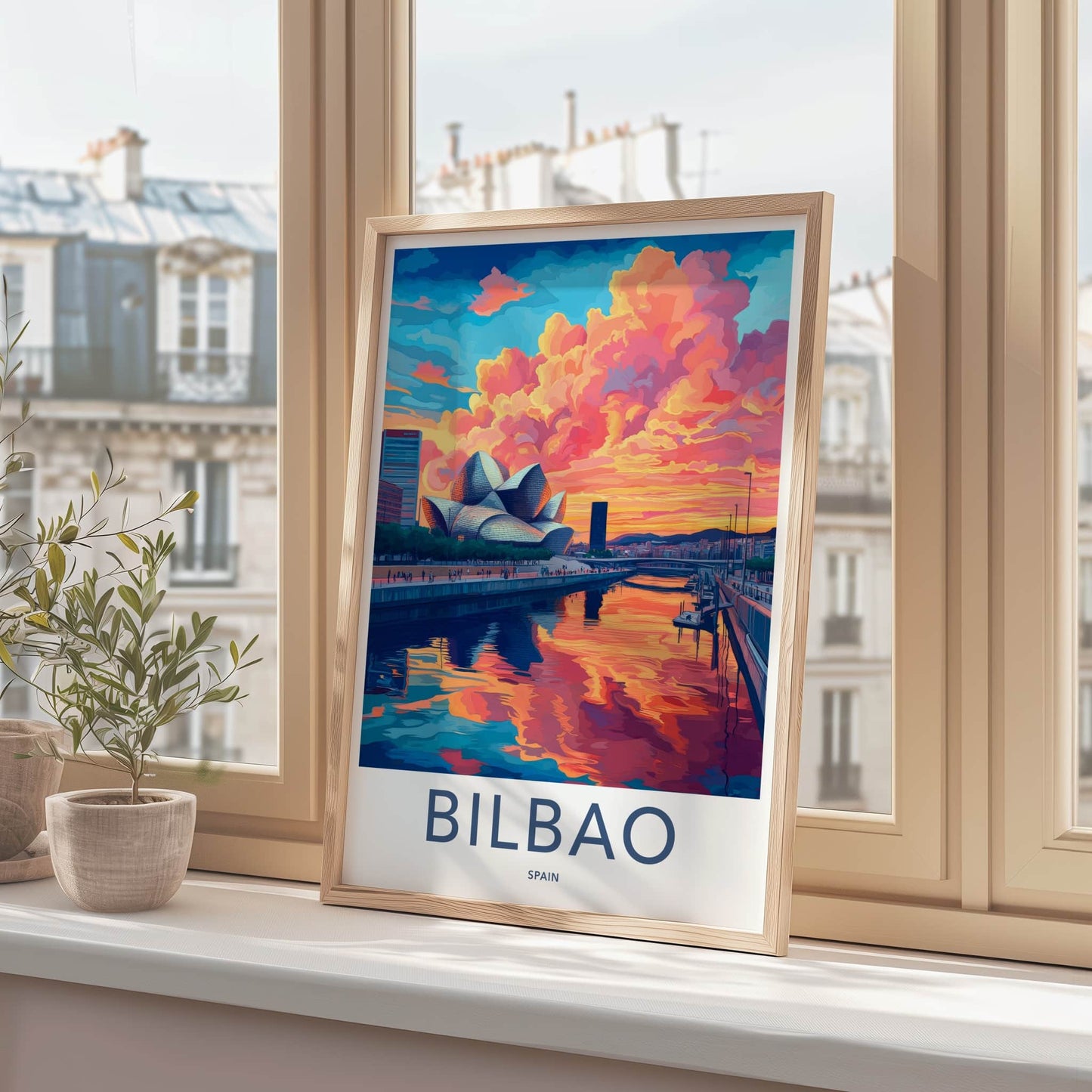 Bilbao Poster - Spain Travel Art - Guggenheim River Sunset Home Decor