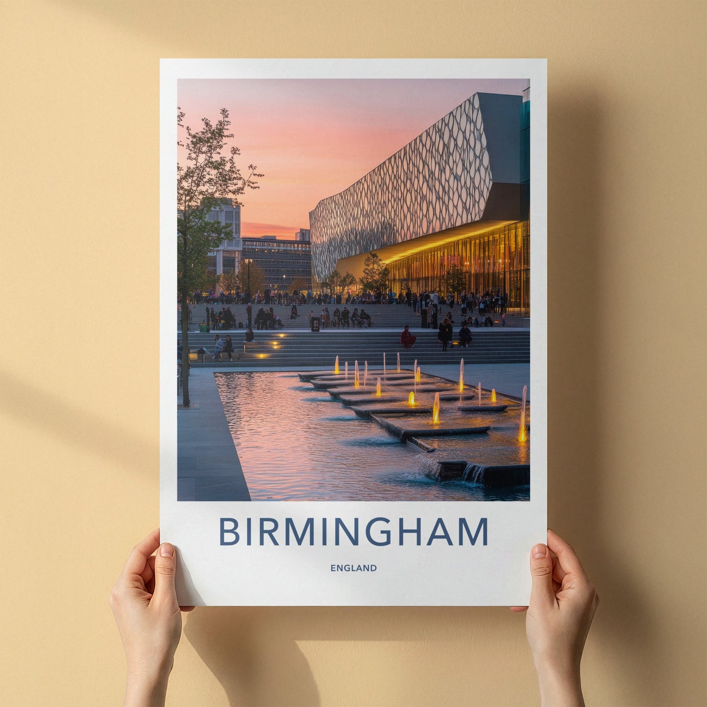 Birmingham Poster - England Travel Art - Sunset Illuminated Fountains Home Decor