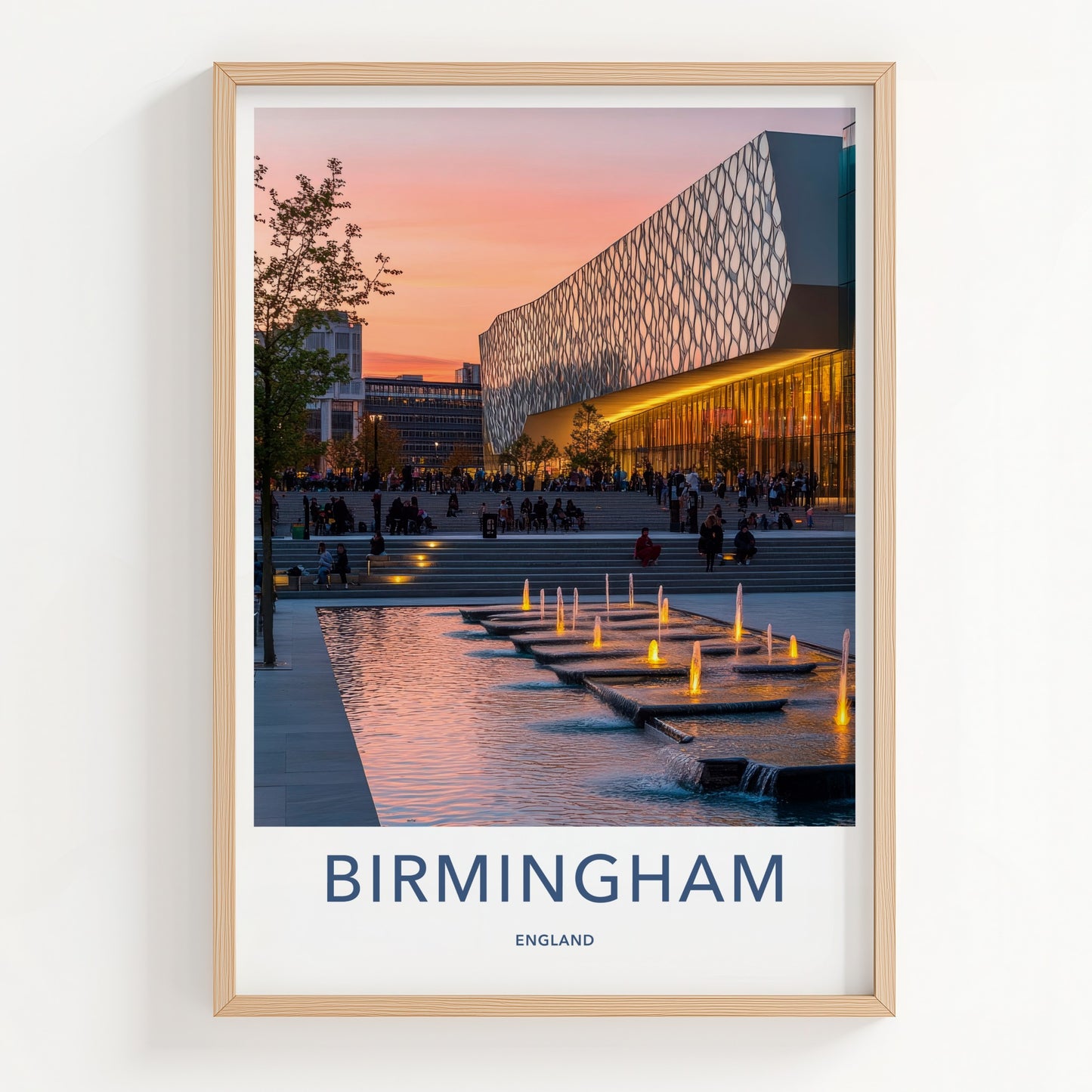Birmingham Poster - England Travel Art - Sunset Illuminated Fountains Home Decor
