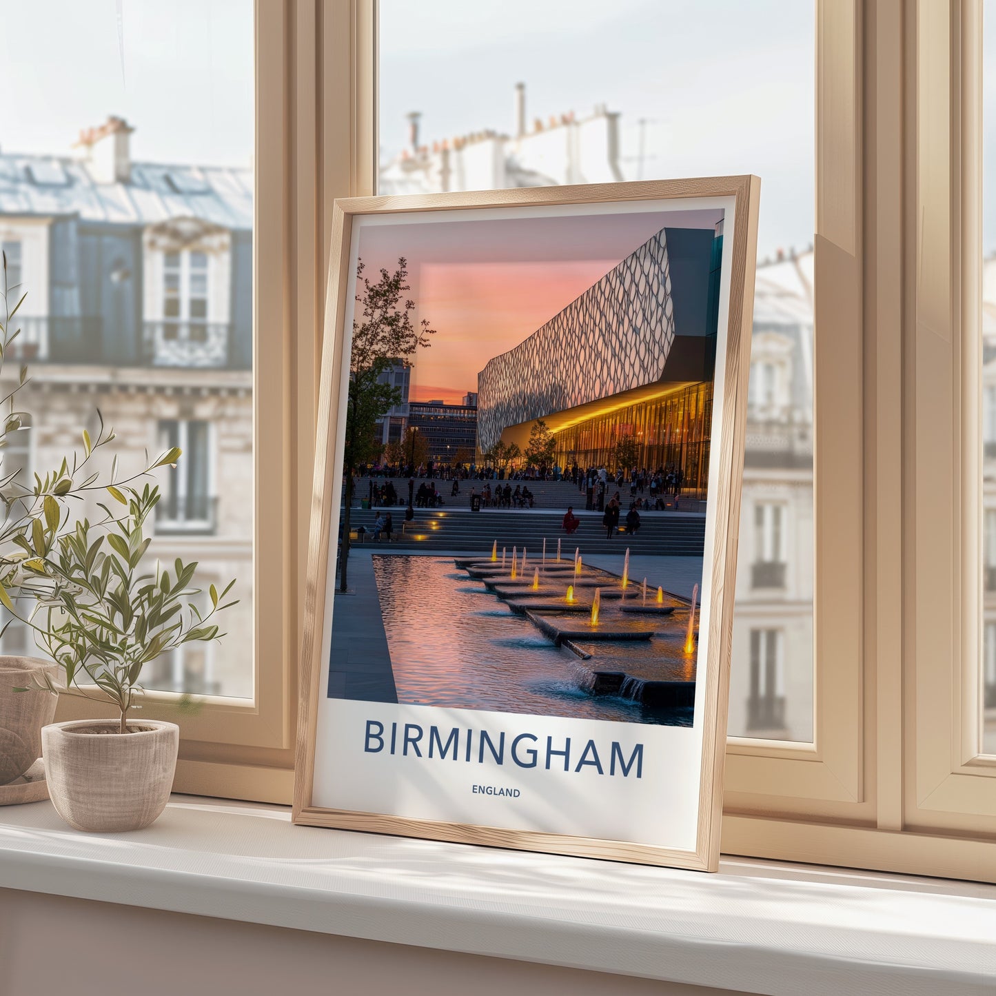 Birmingham Poster - England Travel Art - Sunset Illuminated Fountains Home Decor