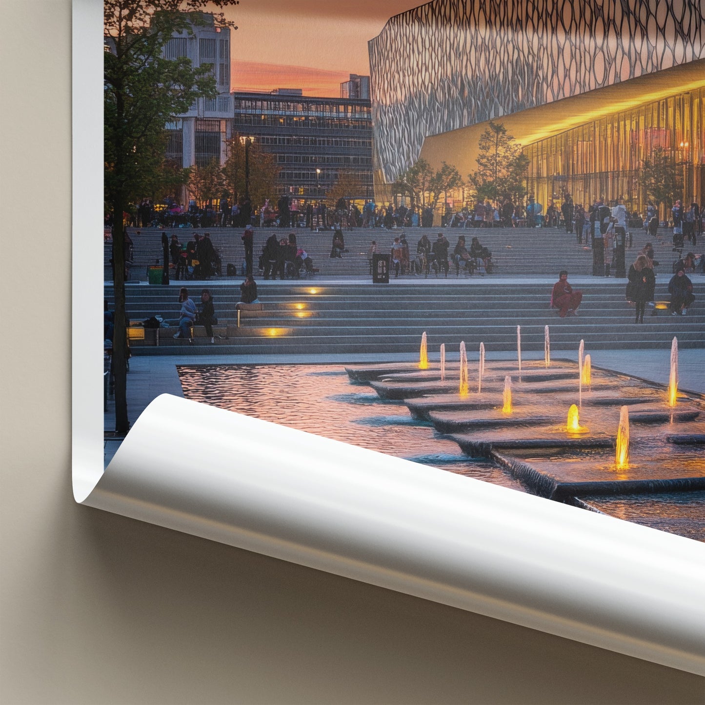 Birmingham Poster - England Travel Art - Sunset Illuminated Fountains Home Decor