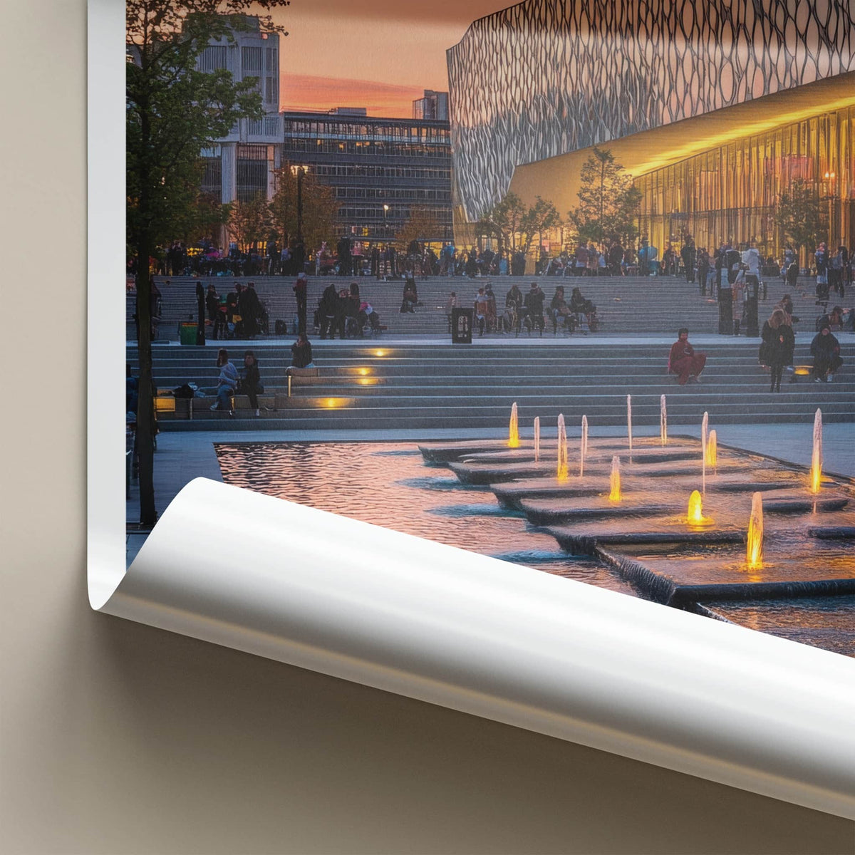 Birmingham Poster - England Travel Art - Sunset Illuminated Fountains Home Decor