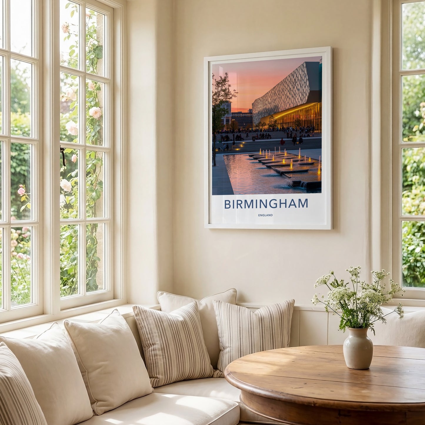 Birmingham Poster - England Travel Art - Sunset Illuminated Fountains Home Decor