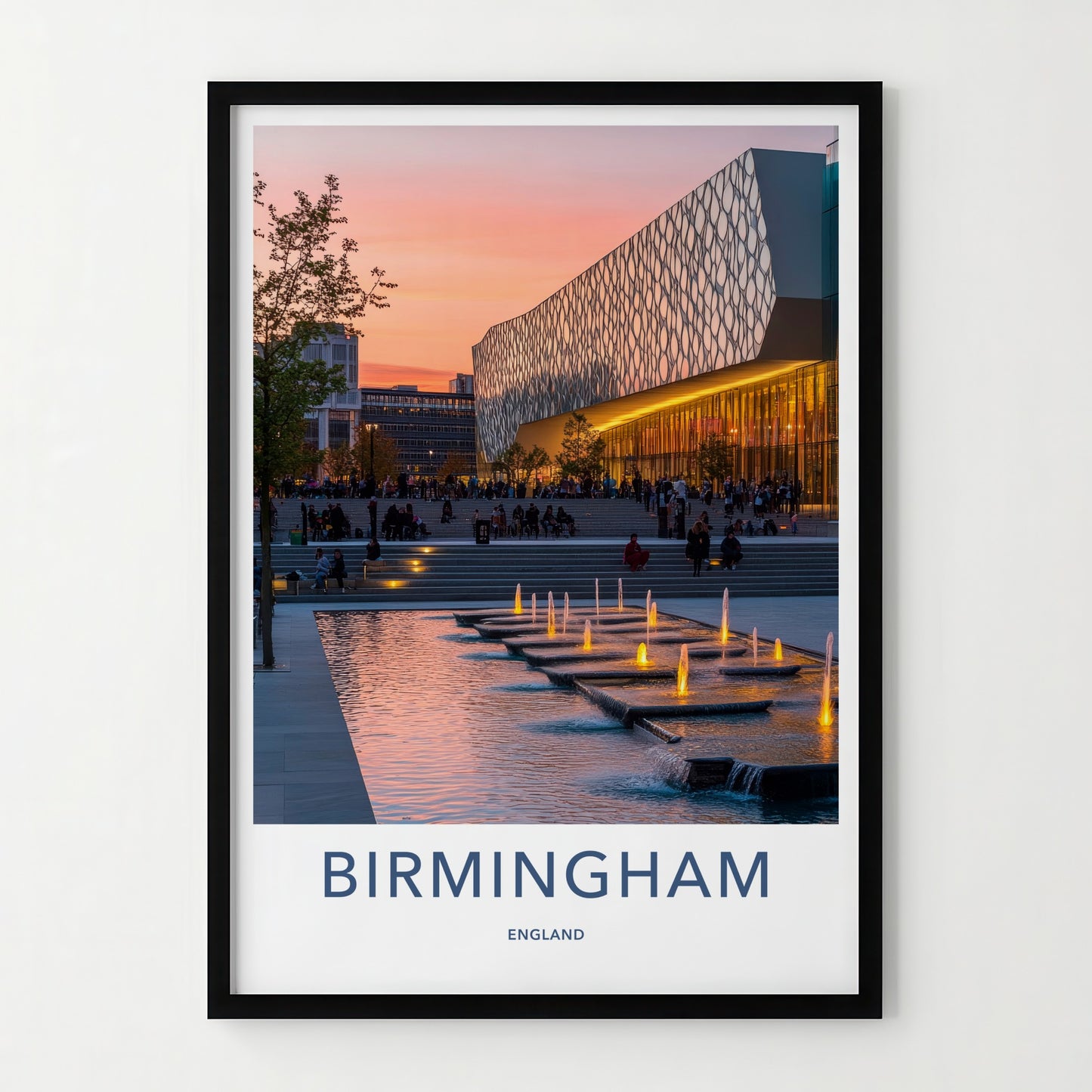Birmingham Poster - England Travel Art - Sunset Illuminated Fountains Home Decor