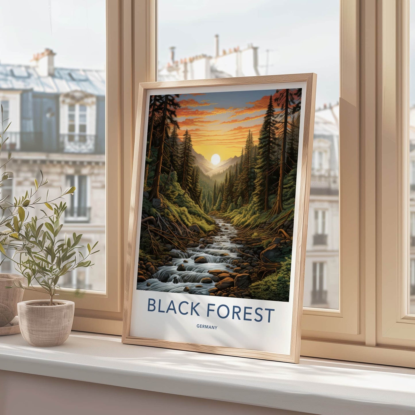 Black Forest Poster - Germany Travel Art - Forest River Sunset Home Decor