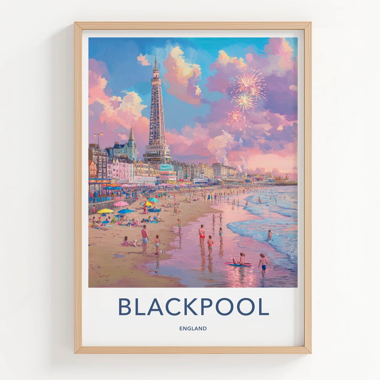 Blackpool Poster - England Travel Art - Beach Tower Fireworks Home Decor