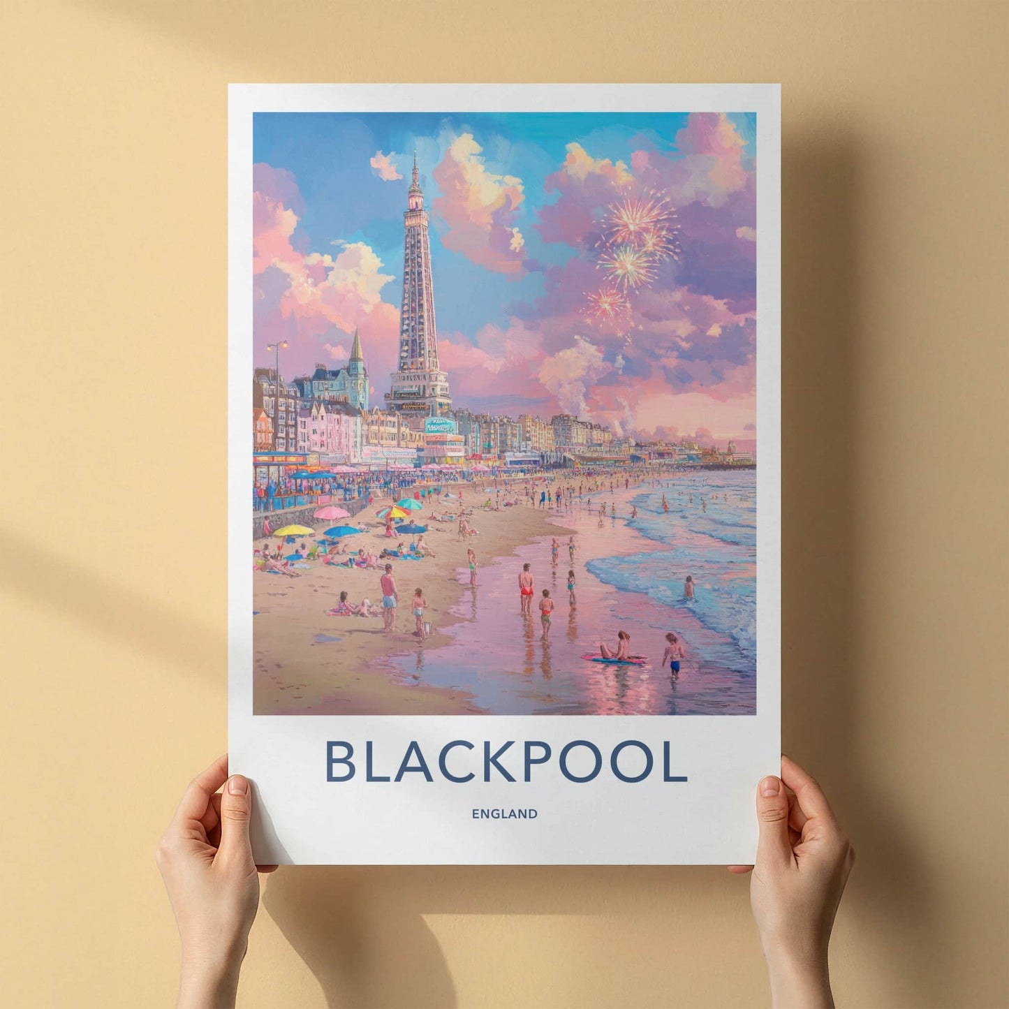 Blackpool Poster - England Travel Art - Beach Tower Fireworks Home Decor