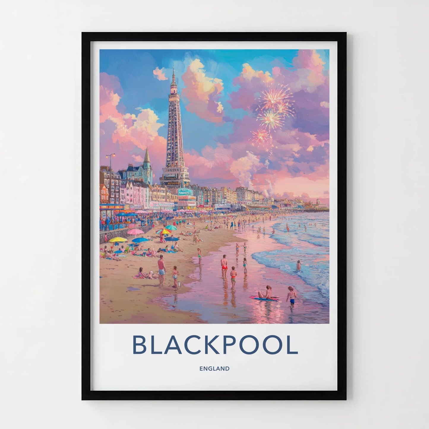 Blackpool Poster - England Travel Art - Beach Tower Fireworks Home Decor