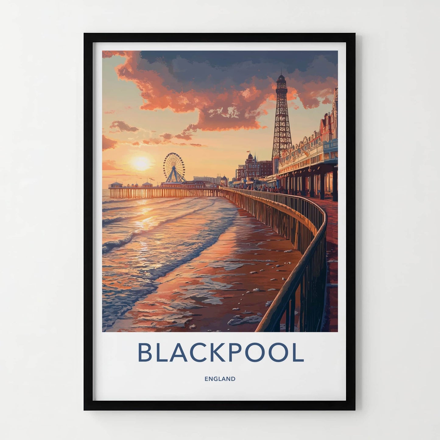 Blackpool Poster - England Travel Art - Golden Hour Boardwalk Home Decor