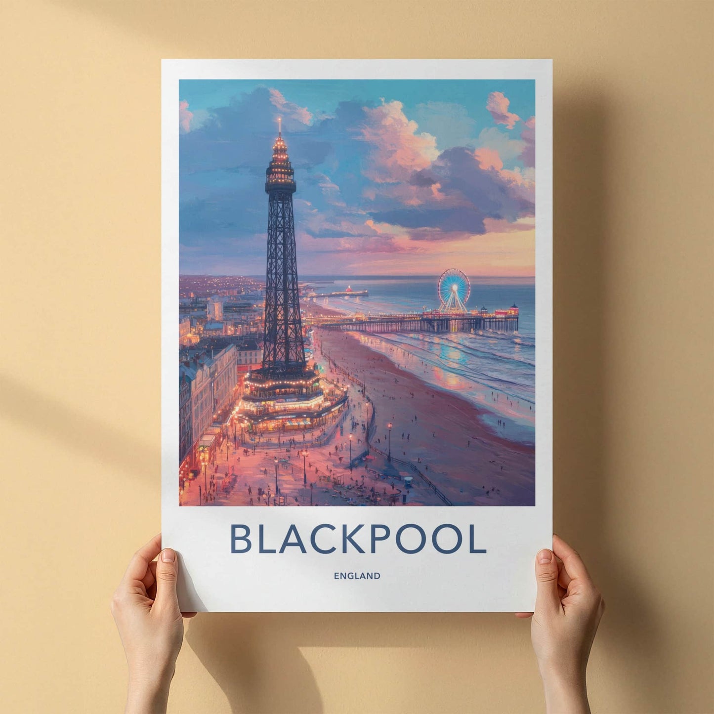 Blackpool Poster - England Travel Art - Illuminated Tower Pier Home Decor