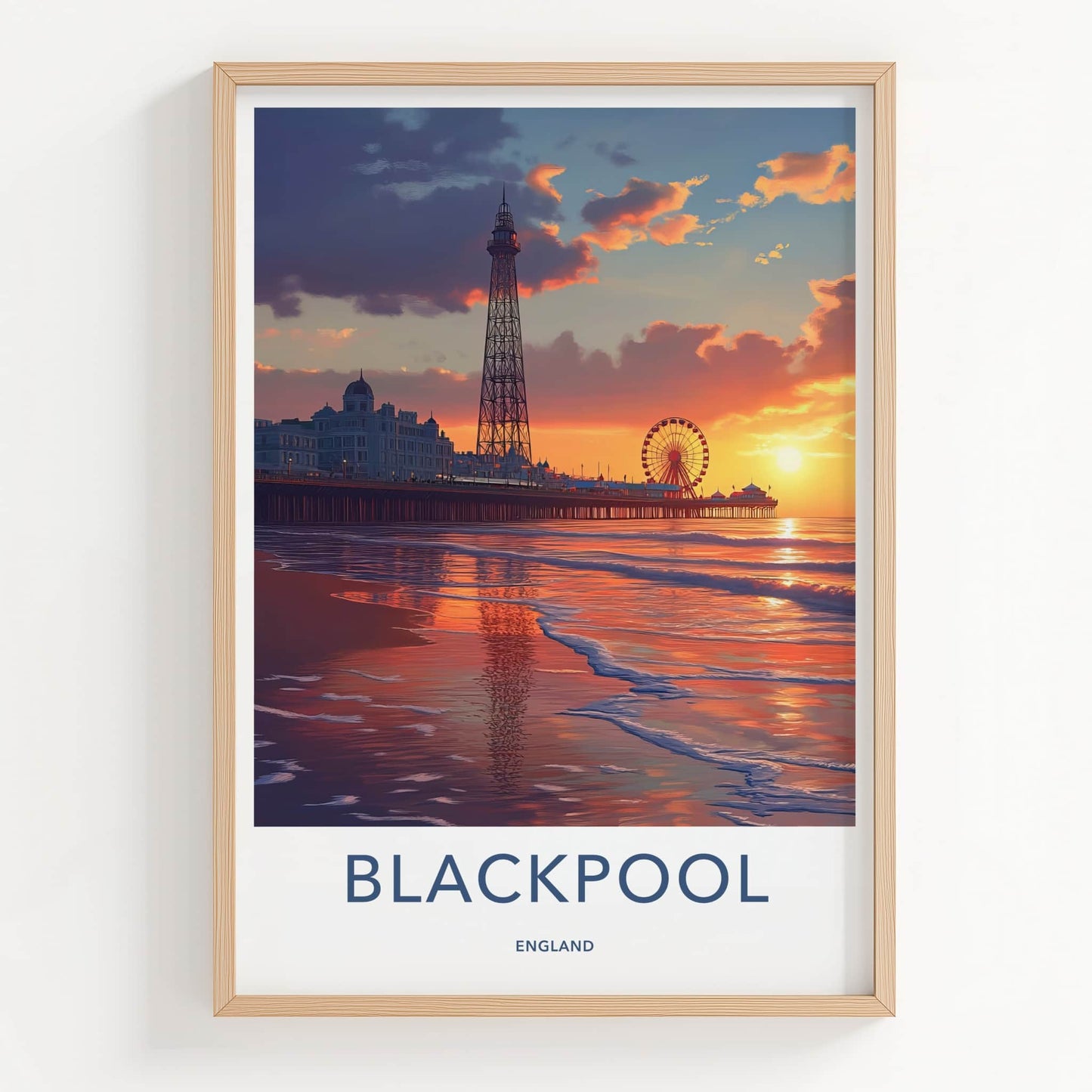 Blackpool Poster - England Travel Art - Sunset Pier Reflection Home Decor