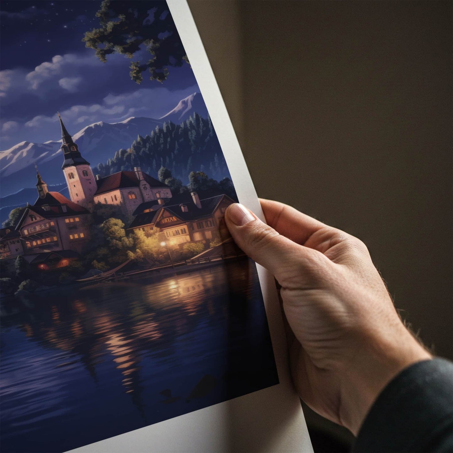 Bled Poster - Slovenia Framed Print - Moonlit Lake Scene Lounge Decor