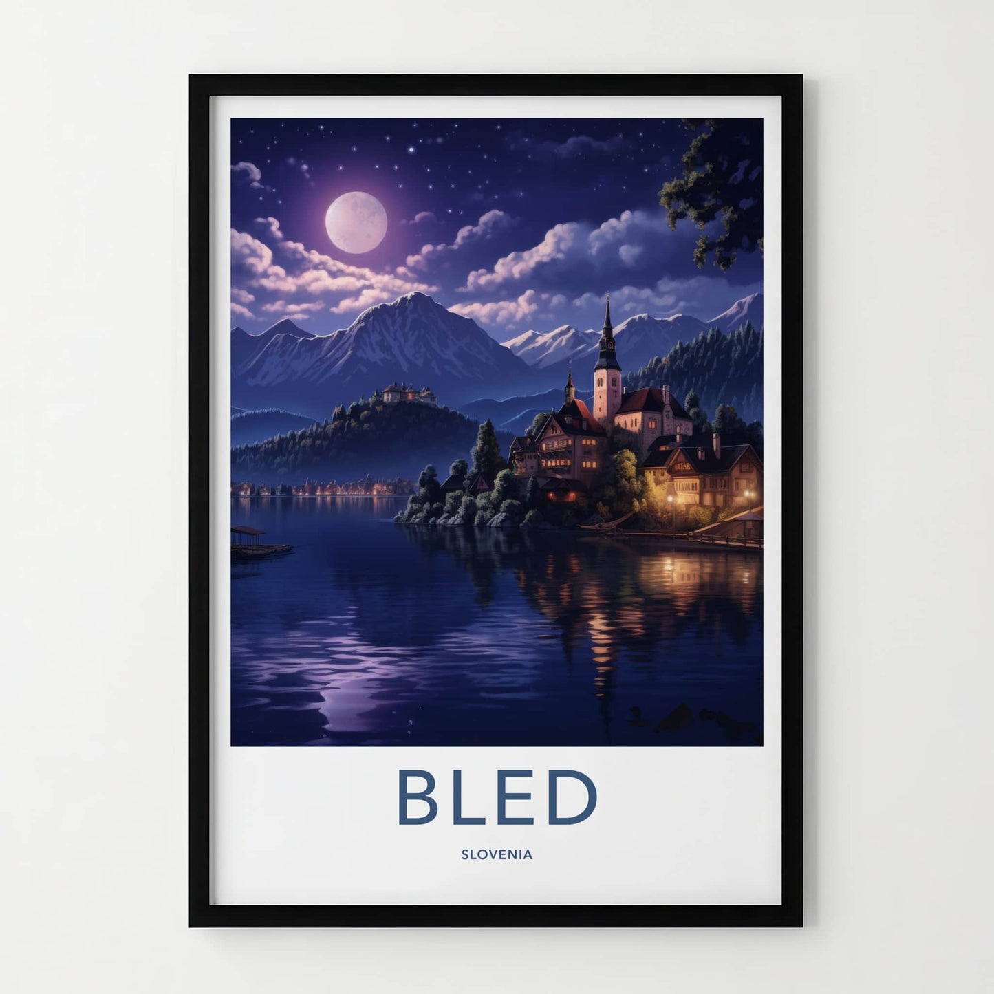 Bled Poster - Slovenia Framed Print - Moonlit Lake Scene Lounge Decor