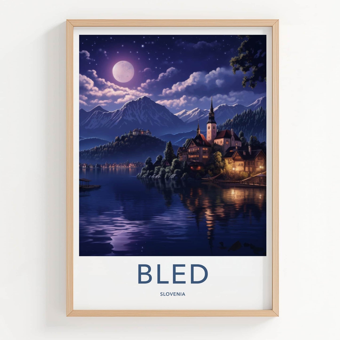 Bled Poster - Slovenia Framed Print - Moonlit Lake Scene Lounge Decor