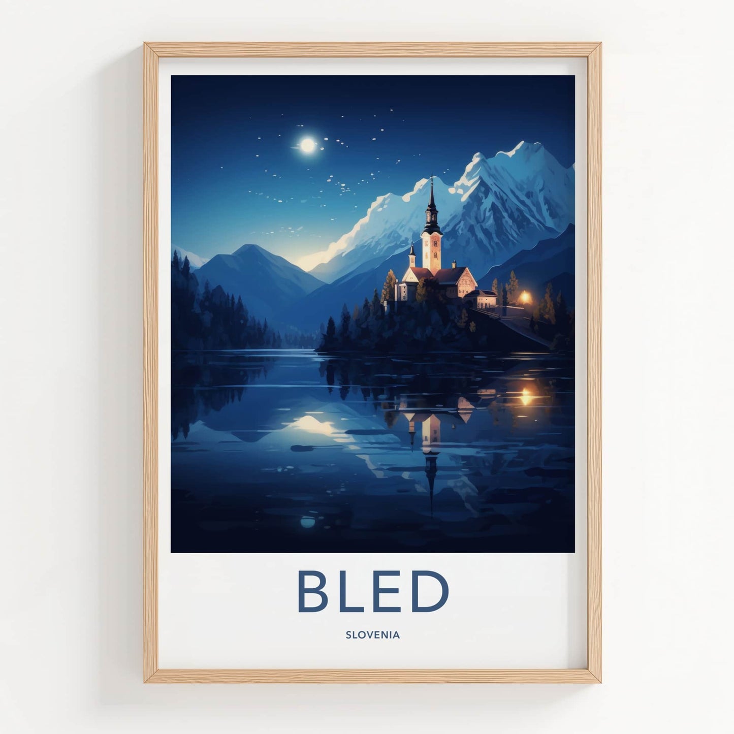 Bled Poster - Slovenia Travel Art - Moonlit Island Church Home Decor