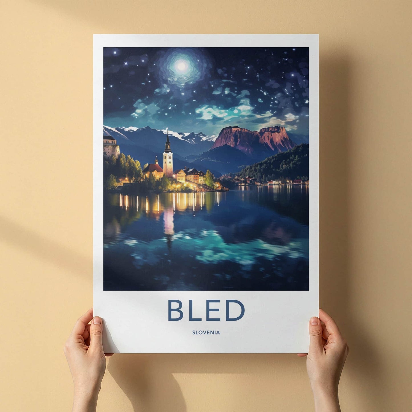 Bled Poster - Slovenia Wall Art - Moonlit Mountain Scene Gallery Art