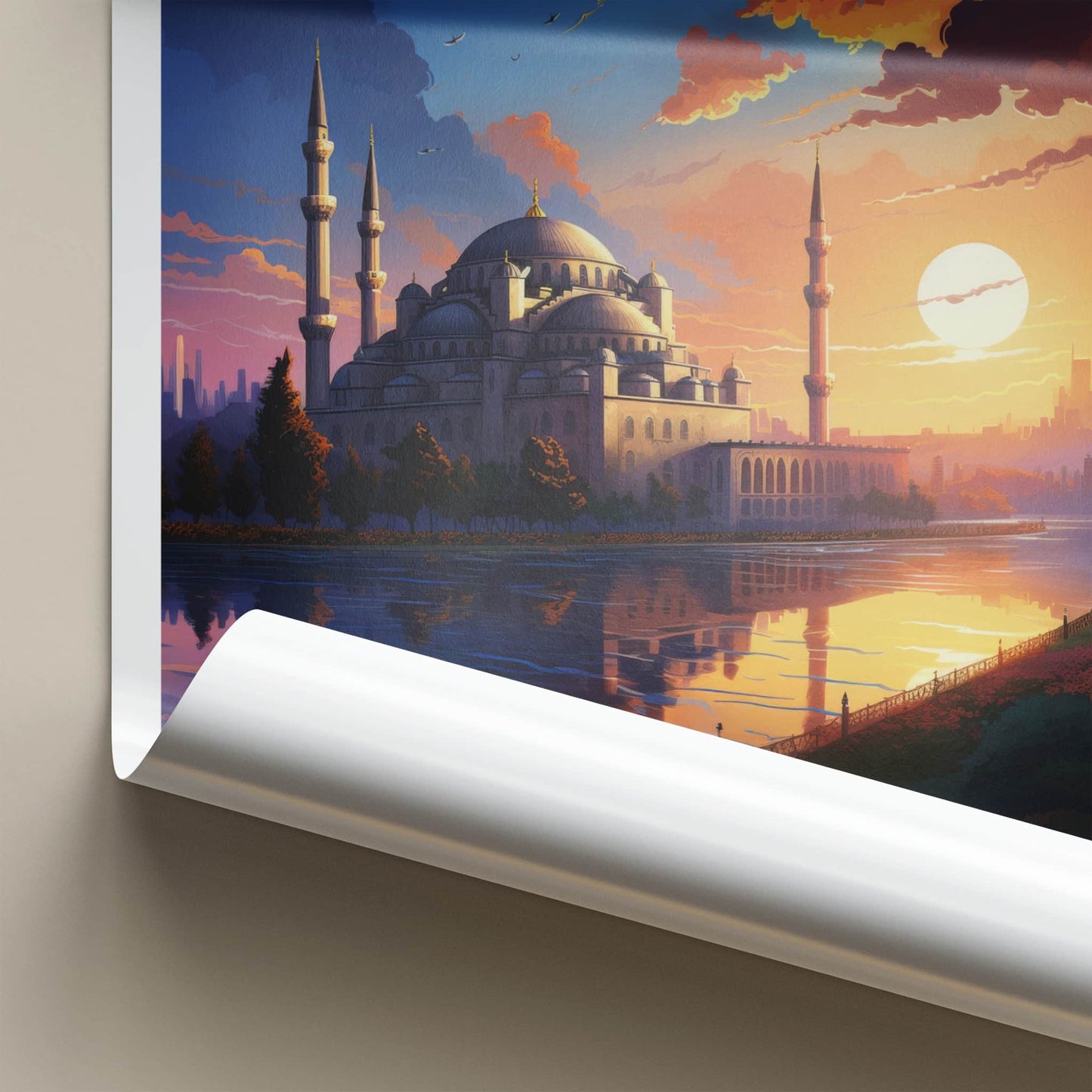Blue Mosque Poster - Turkiye Travel Art - Vibrant Sunset Reflection Home Decor