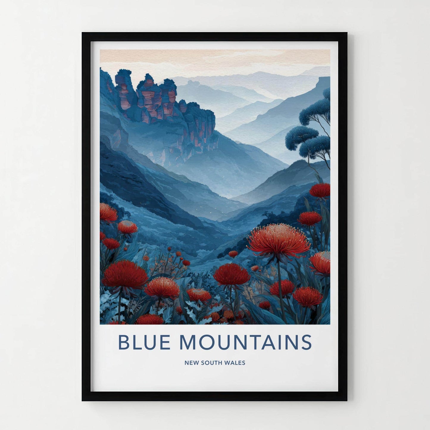 Blue Mountains Poster - Australia Scenic Art - Red flower vista Home Decor