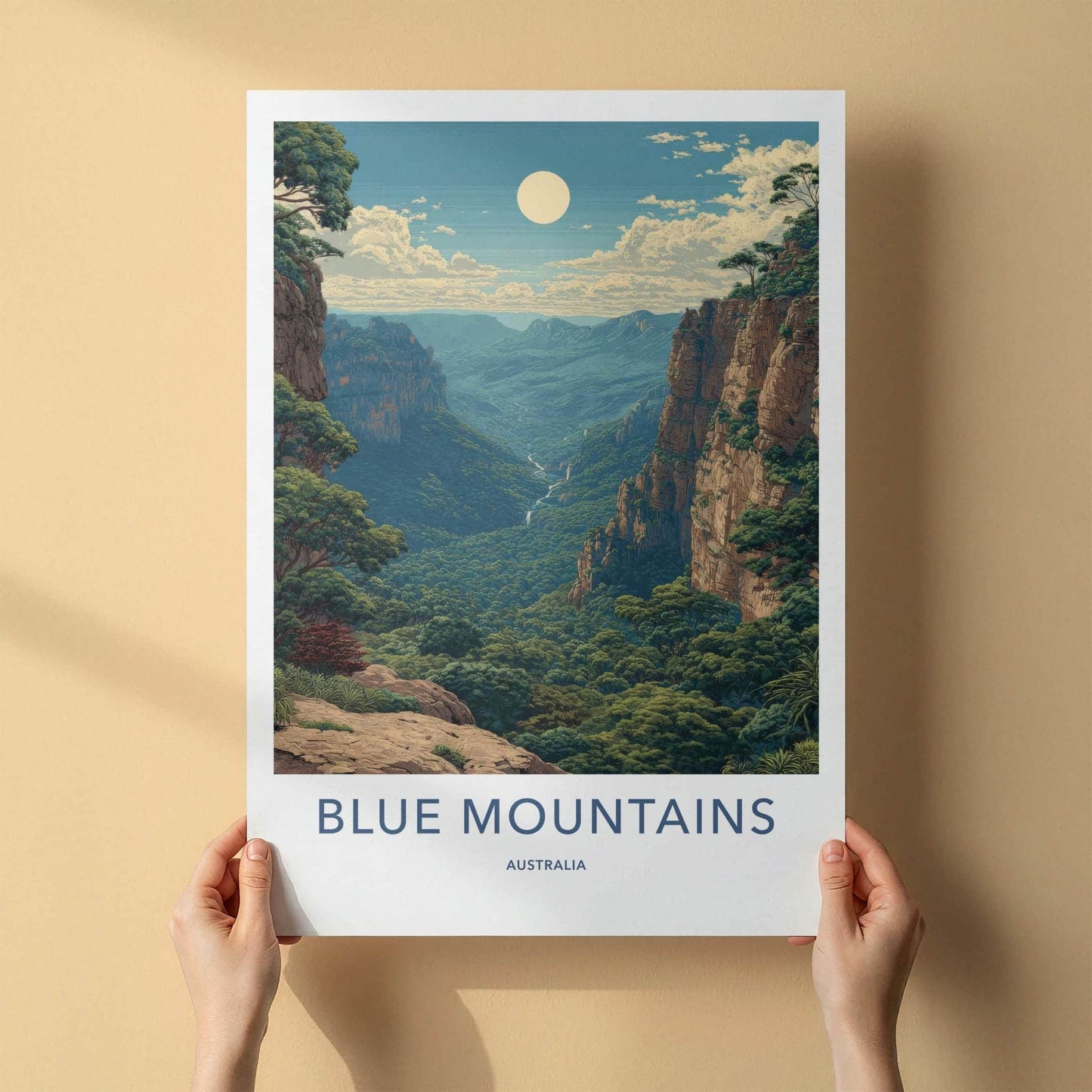 Blue Mountains Poster - Australia Travel Art - Lush Valley Moon Wall Decor