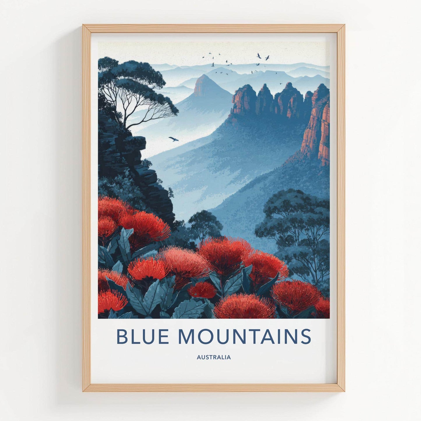 Blue Mountains Poster - Australia Travel Art - Misty Peaks Waratah Wall Decor