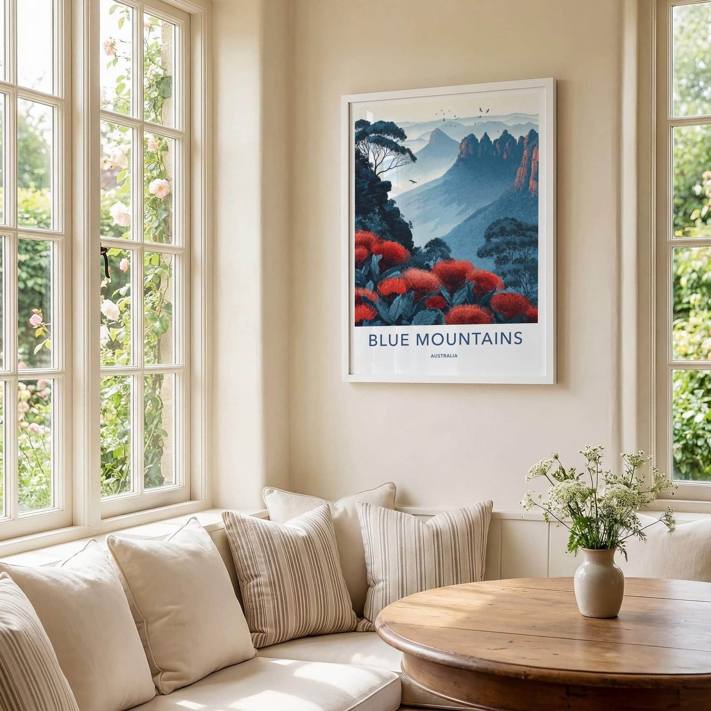 Blue Mountains Poster - Australia Travel Art - Misty Peaks Waratah Wall Decor