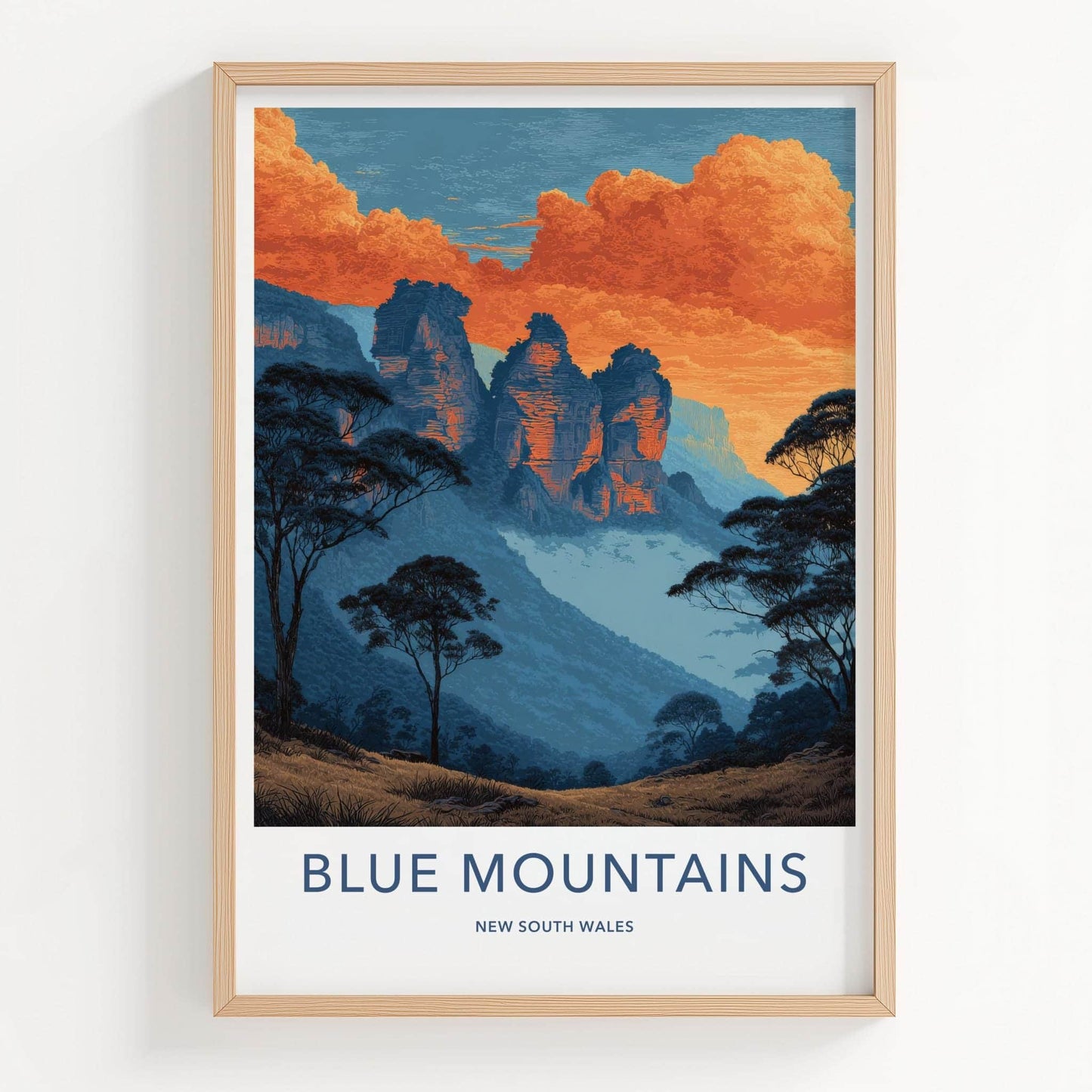 Blue Mountains Poster - Australia Travel Art - Three Sisters Sunset Wall Decor