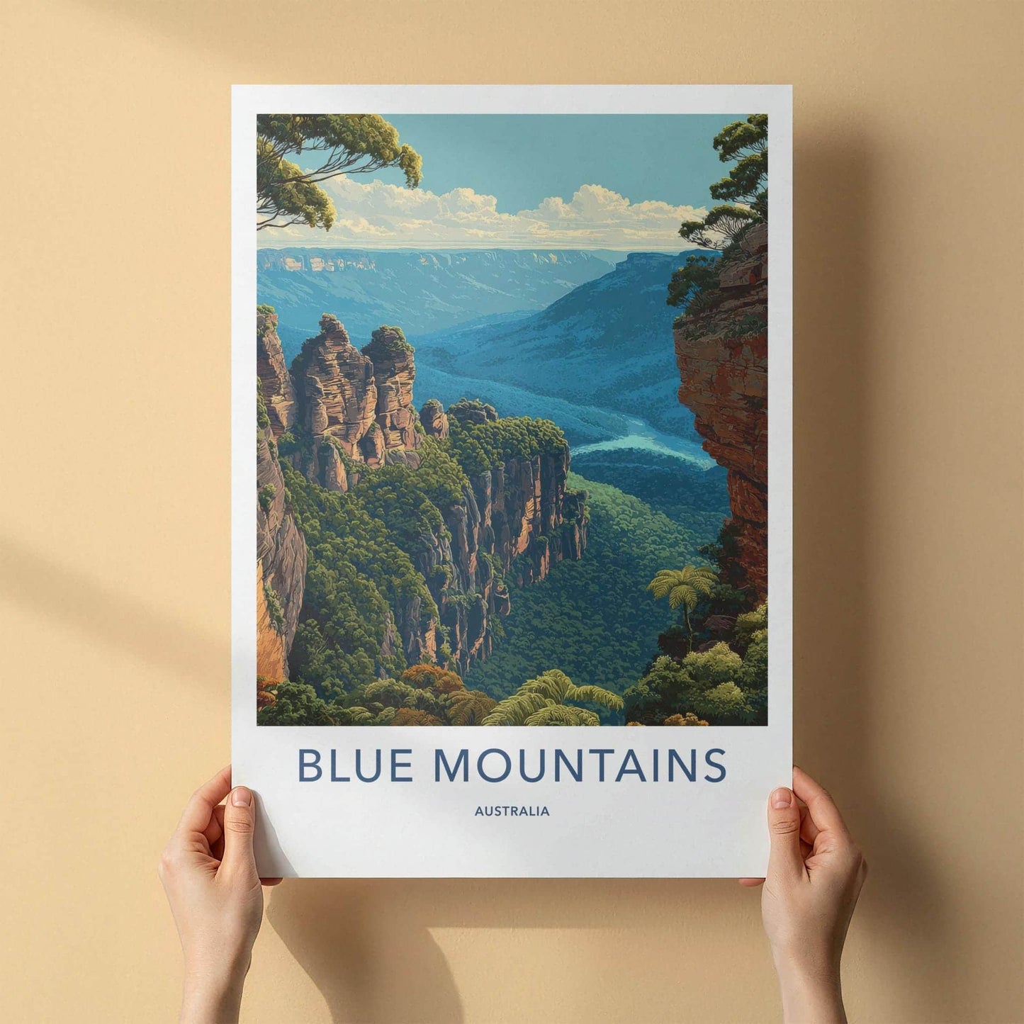 Blue Mountains Poster - Australia Travel Art - Valley Cliffscape Wall Decor