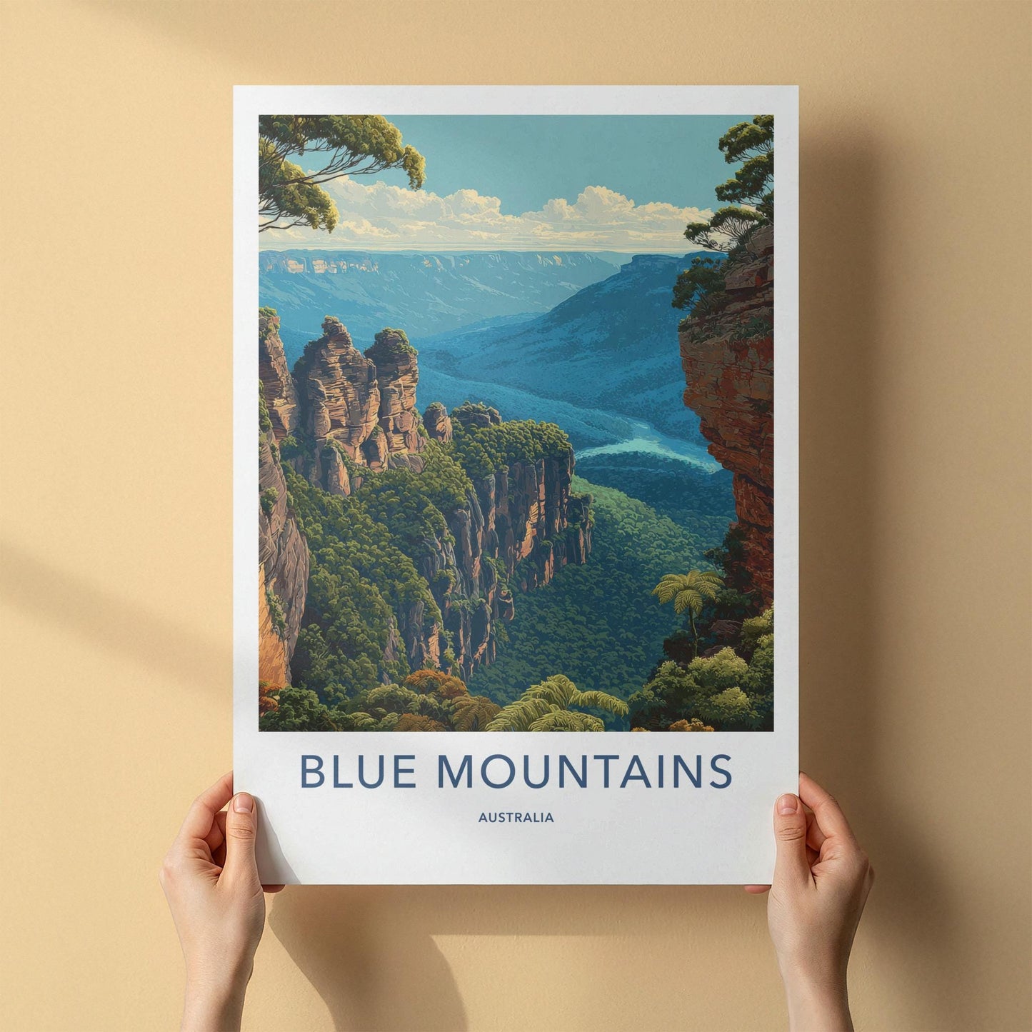 Blue Mountains Poster - Australia Travel Art - Valley Cliffscape Wall Decor