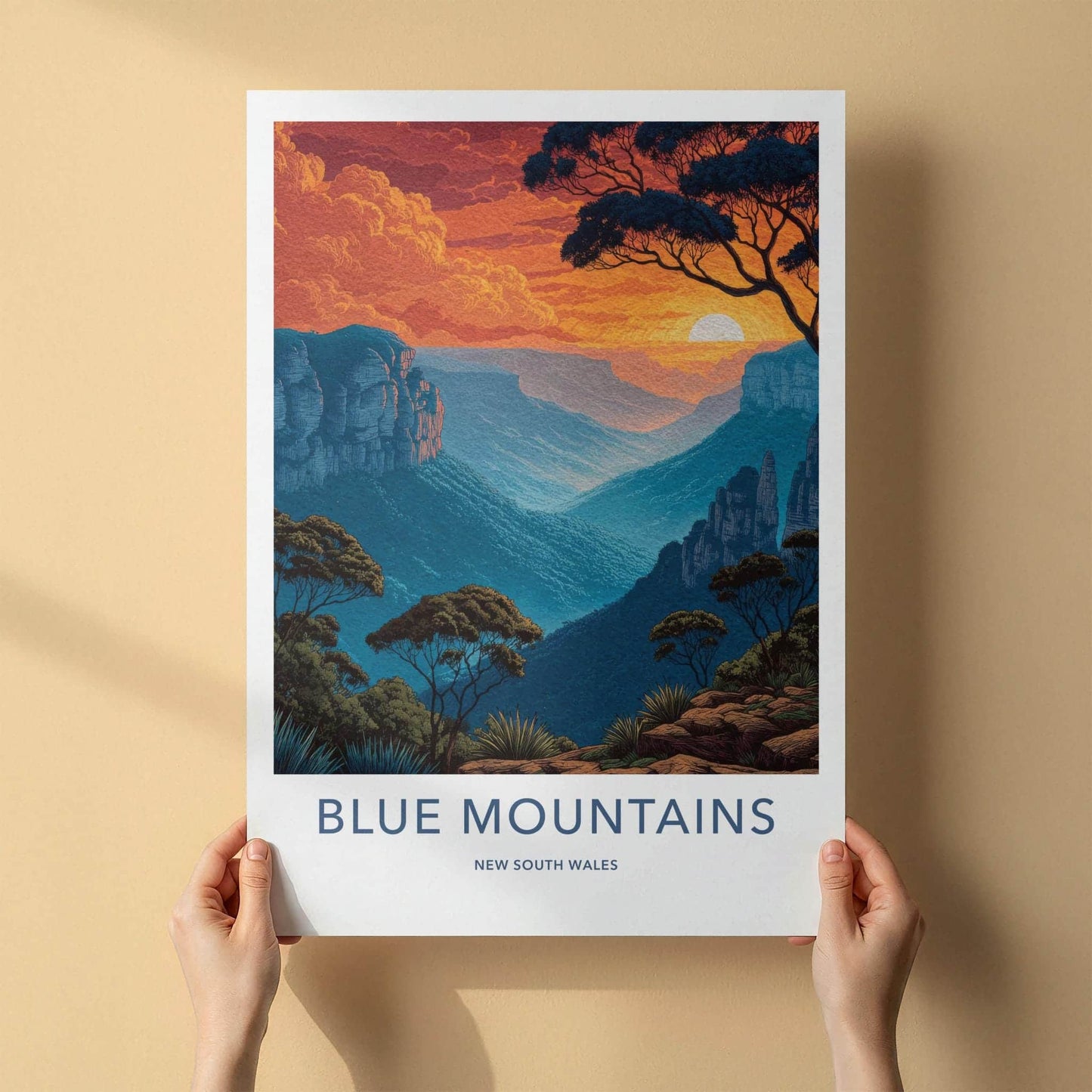 Blue Mountains Poster - New South Wales Wall Art - Fiery Sunset Gorge Room Decor