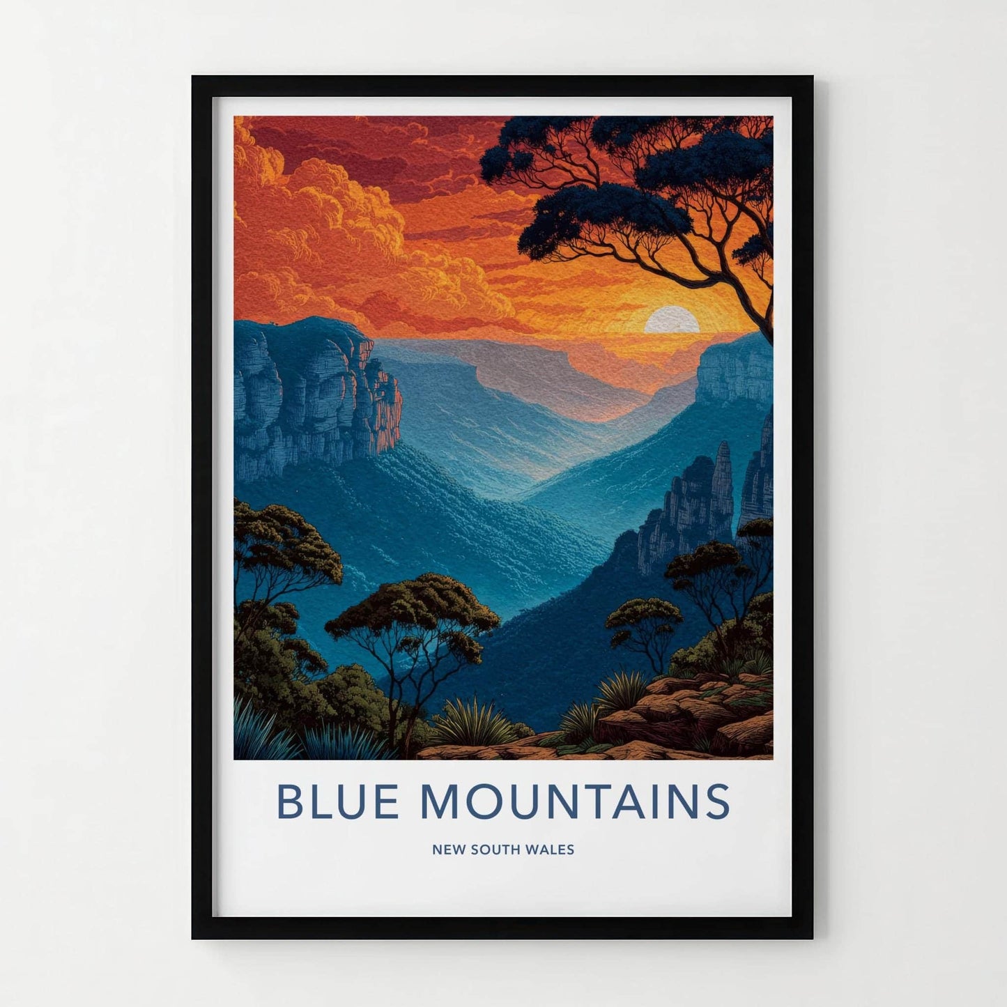 Blue Mountains Poster - New South Wales Wall Art - Fiery Sunset Gorge Room Decor